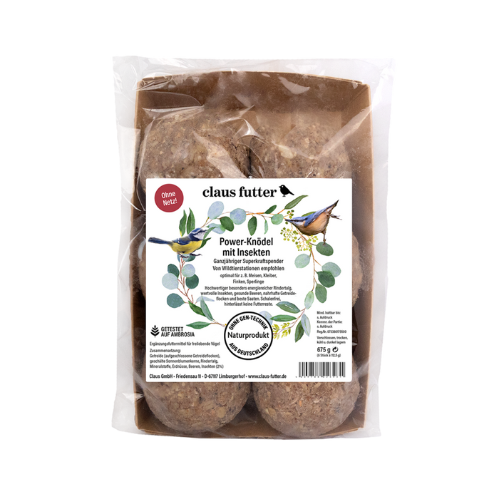 Claus Power-Knödel com insetos – bolas de gordura para aves silvestres, 4 x 112,5 g – embalagem