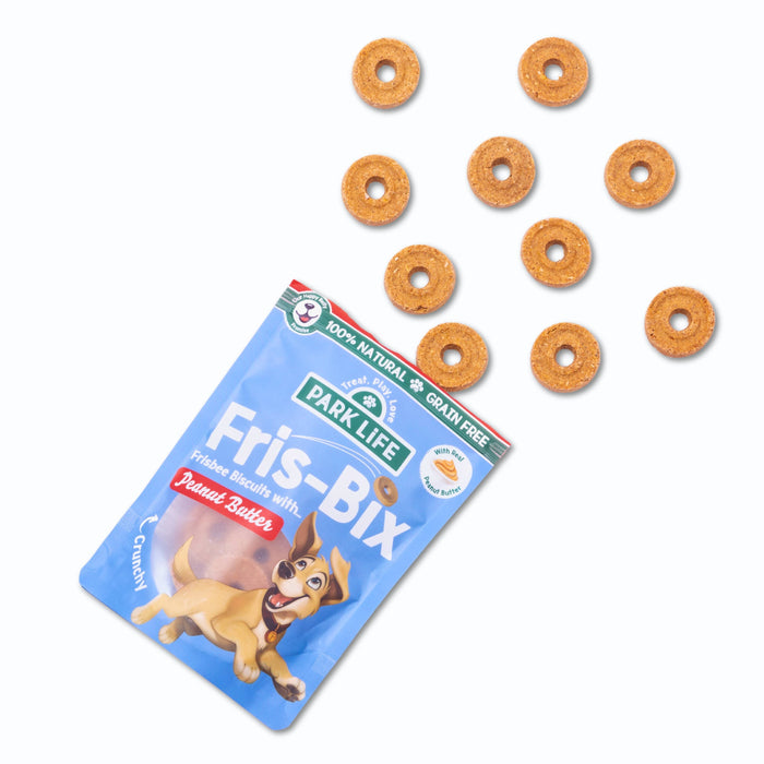 Biscoitos Fris-Bix em formato de frisbee sabor manteiga de amendoim 100g