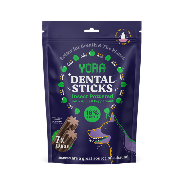 Yora Dental Sticks de inseto com maçã e hortelã-pimenta – Snacks para cães grandes – embalagem
